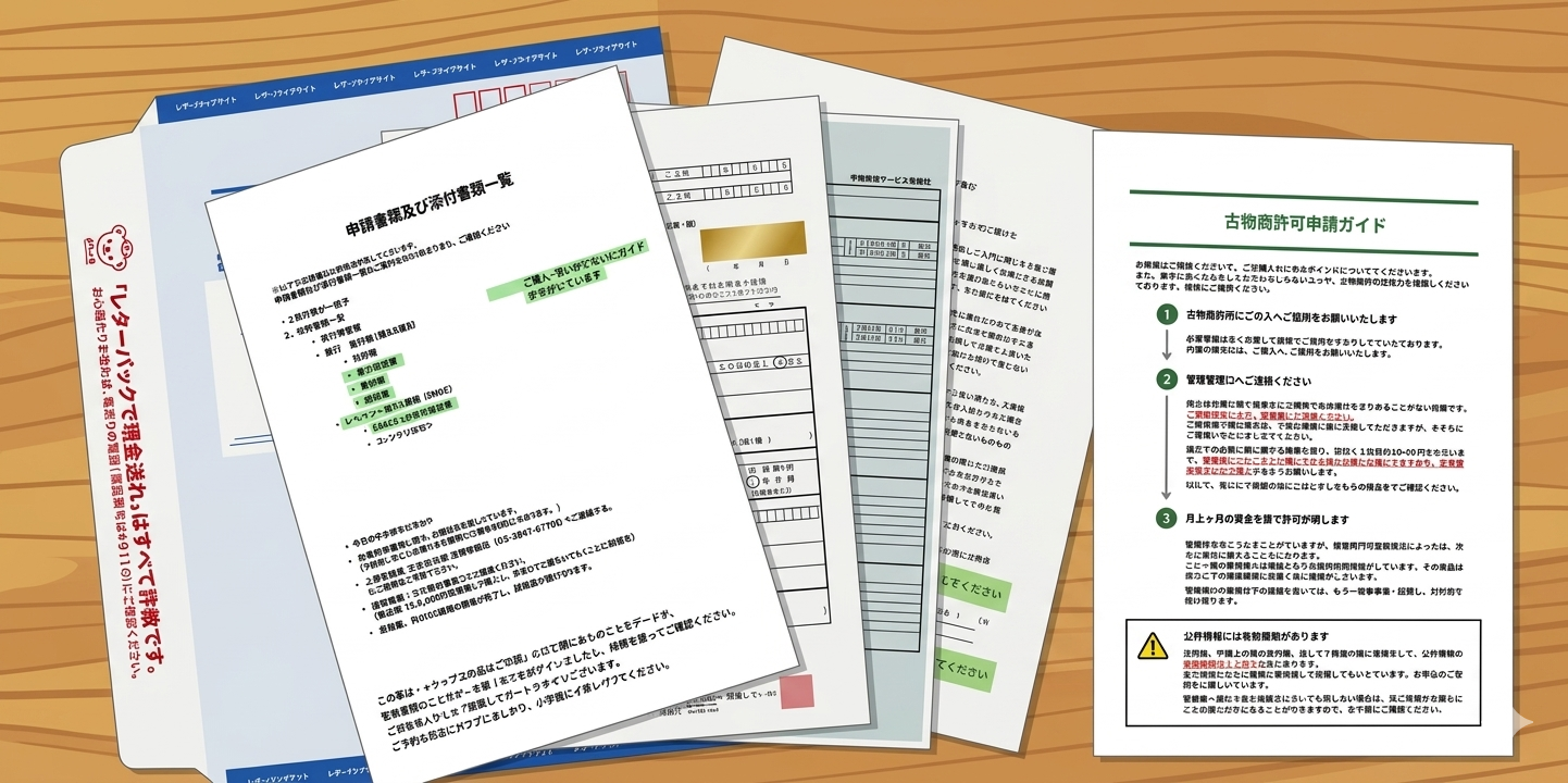 申請書類一式・添付書類一覧・古物商許可申請ガイドとレターパックのイラスト